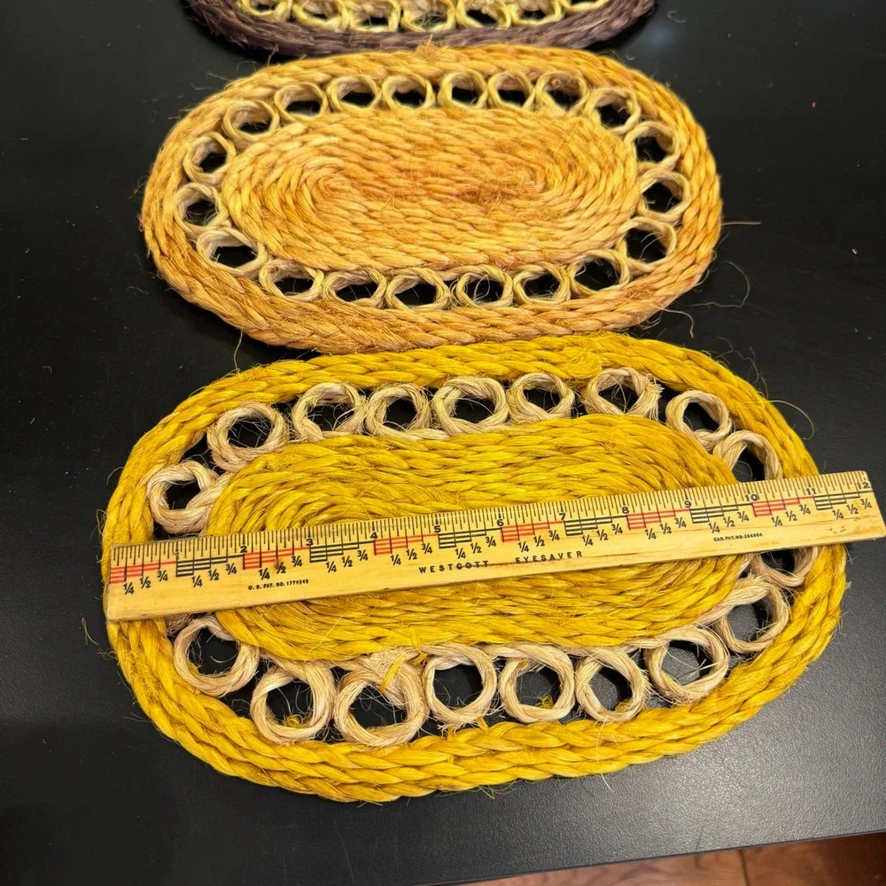 Vintage Woven Sisal Trivets Home Set of 3 Brown Orange Yellow Boho Rustic 10x6.5